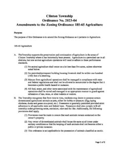 Clinton Township Ordinance 2023-04 Amendments to 185-65 Agriculture (Ash)